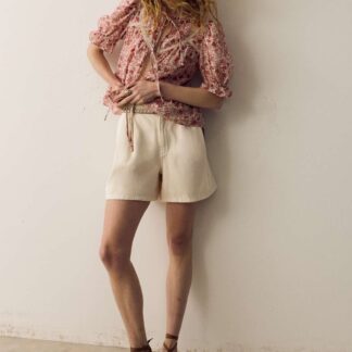 Per Una Cotton Rich Denim Pleated Shorts Ecru