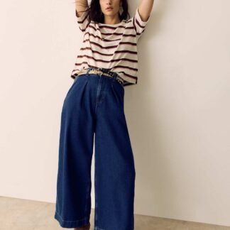 Per Una Denim High Waisted Pleat Front Wide Leg Cropped Jeans Dark Indigo
