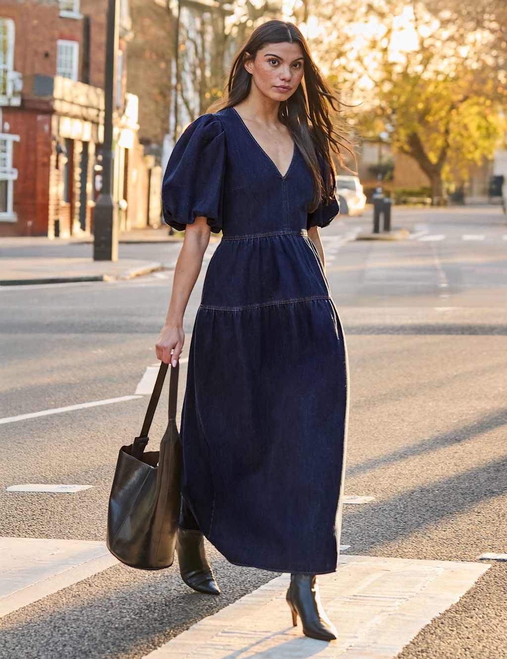 RO&ZO Cotton Rich Denim Puff Sleeve Maxi Dress Blue Denim