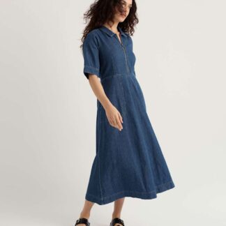Seasalt Cornwall Cotton Rich Midi Shirt Dress with Linen Blue Denim