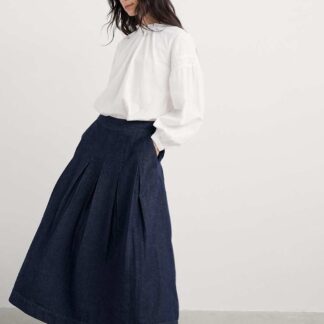 Seasalt Cornwall Denim A-Line Midi Skirt with Linen Blue