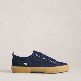 White Stuff Canvas Lace Up Striped Trainers Dark Blue Denim