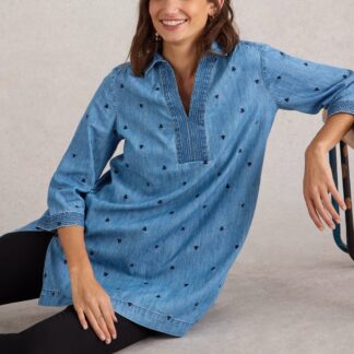 White Stuff Pure Cotton Denim Embroidered V-Neck Tunic Med Blue Denim