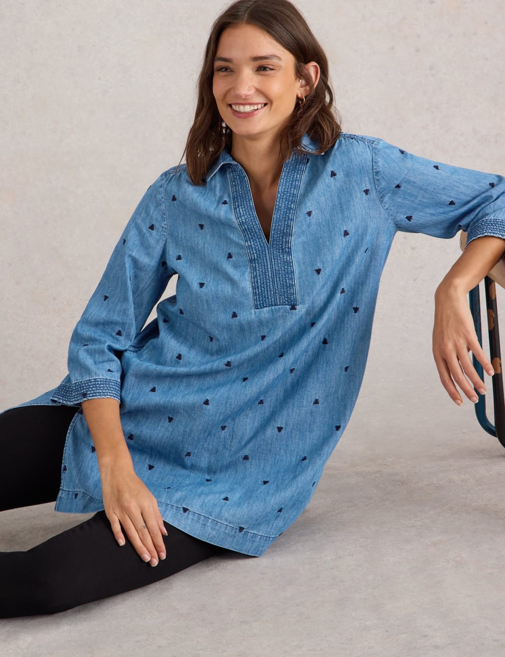 White Stuff Pure Cotton Denim Embroidered V-Neck Tunic Med Blue Denim
