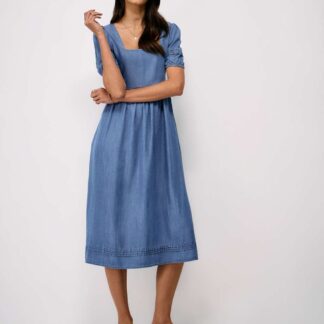 Crew Clothing Pure Lyocell Square Neck Midi Tea Dress Denim