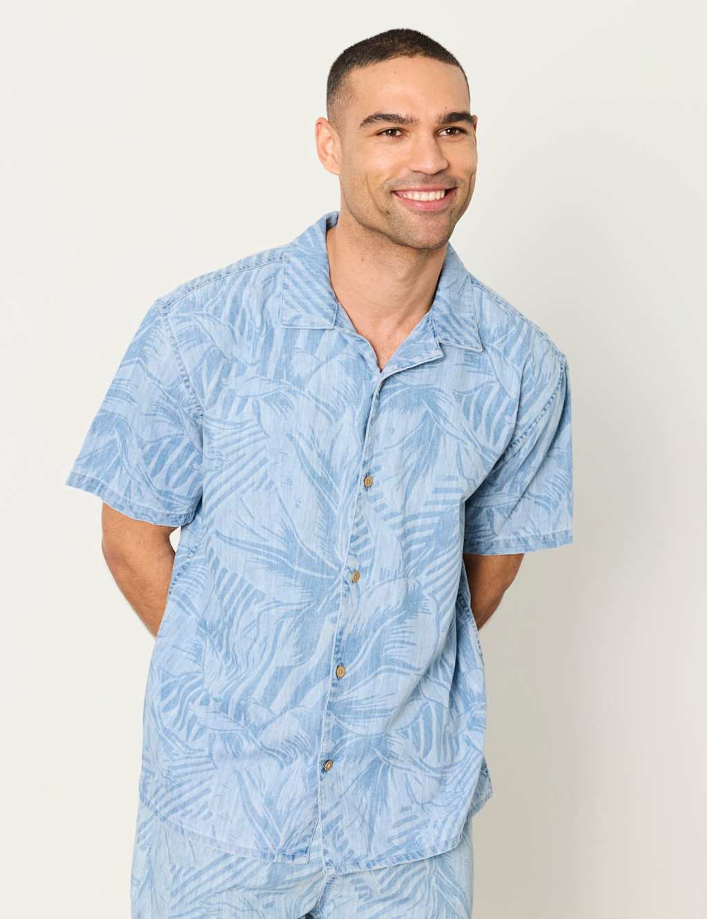 FatFace Relaxed Fit Denim Printed Short Sleeve Shirt Blue Mix