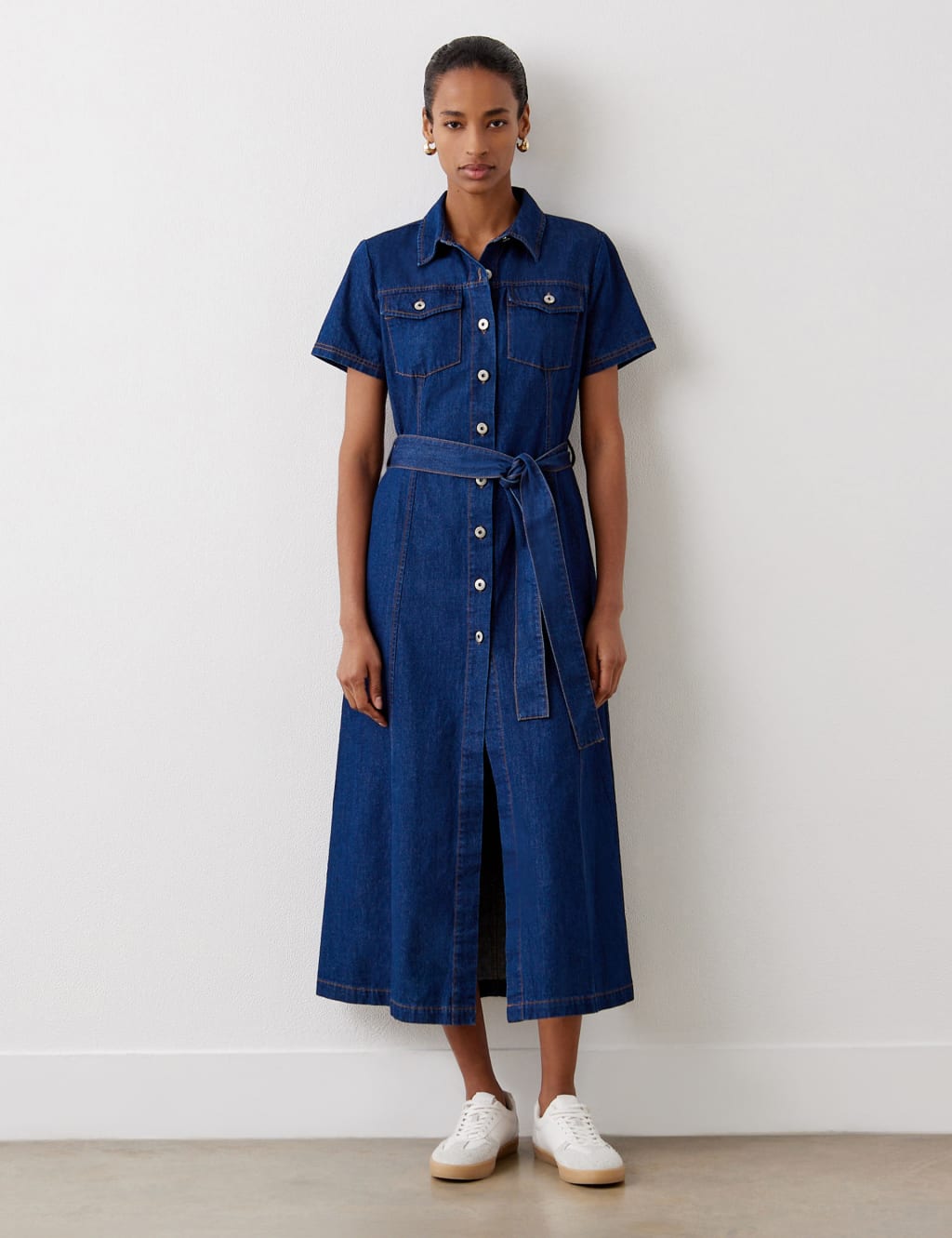 Finery London Cotton Rich Denim Midi Shirt Dress Blue Denim