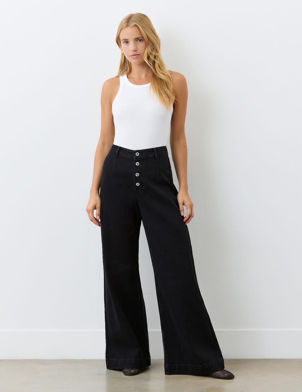 Finery London High Waisted Button Front Wide Leg Jeans Black