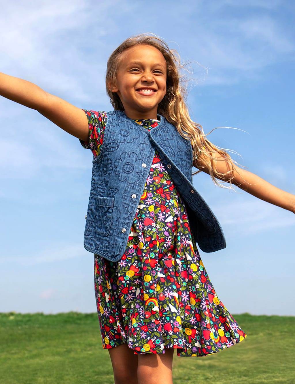 Frugi Denim Floral Embroidered Waistcoat (1-12 Yrs) Blue