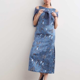 JAEGER Sea Print Slash Neck Midi Column Dress Blue Mix