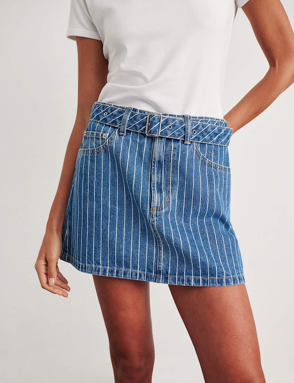 Jag Denim Belted Striped Mini Skirt Blue
