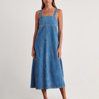 Jag Denim Striped Square Neck Strappy Midi Dress Blue