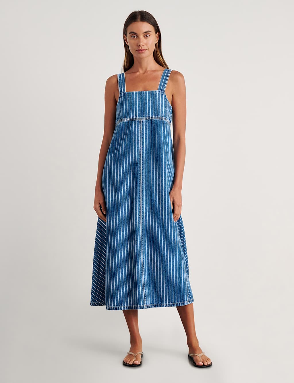 Jag Denim Striped Square Neck Strappy Midi Dress Blue