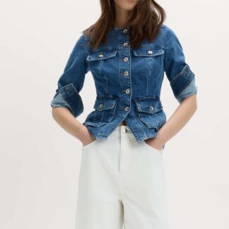 M&S Denim Collarless Fitted Utility Jacket Medium Indigo