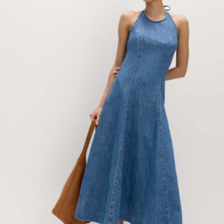 M&S Denim Halter Neck Midi Column Dress Indigo