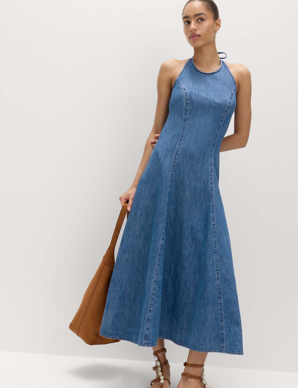 M&S Denim Halter Neck Midi Column Dress Indigo