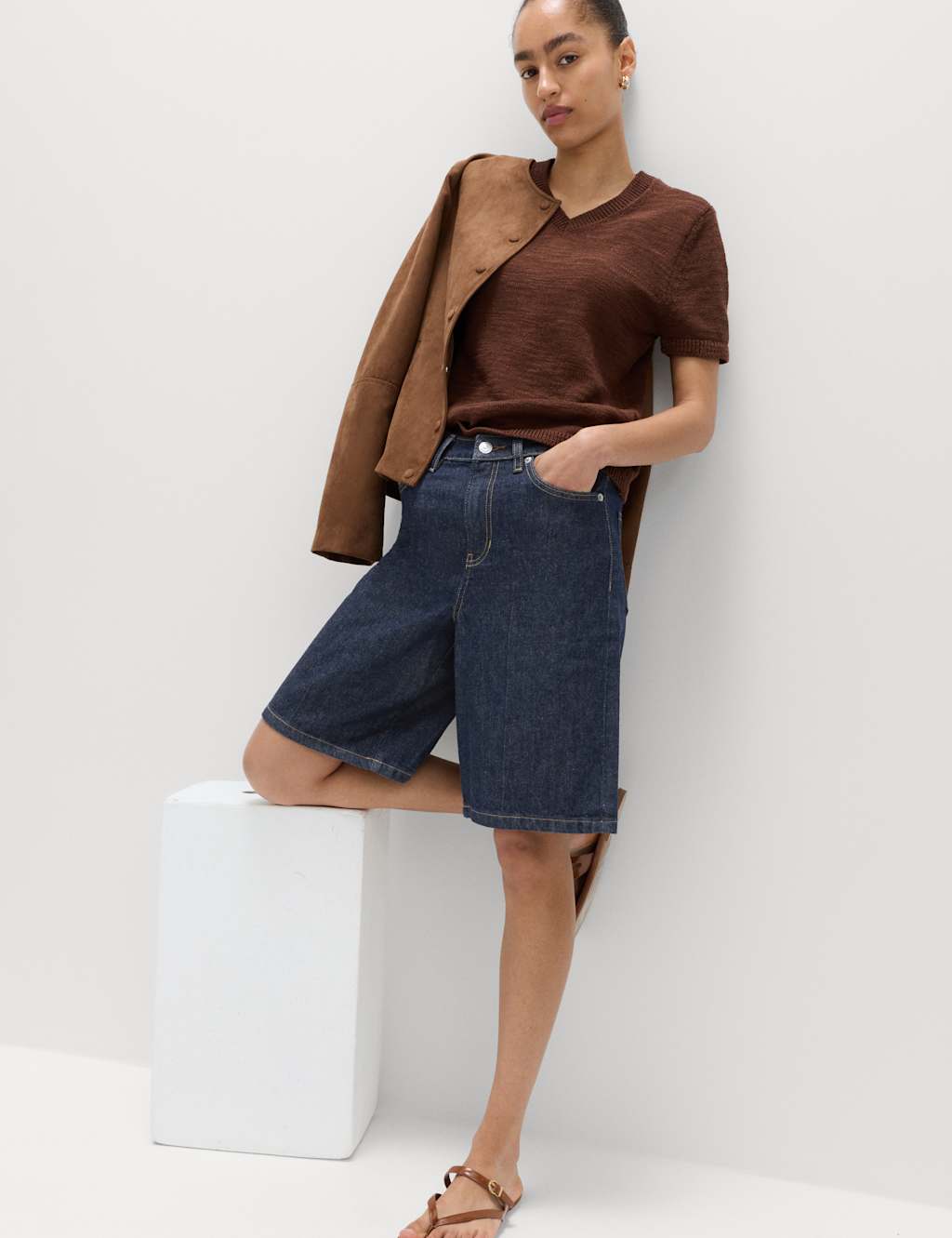 M&S Denim High Waisted Jorts with Linen Indigo Mix
