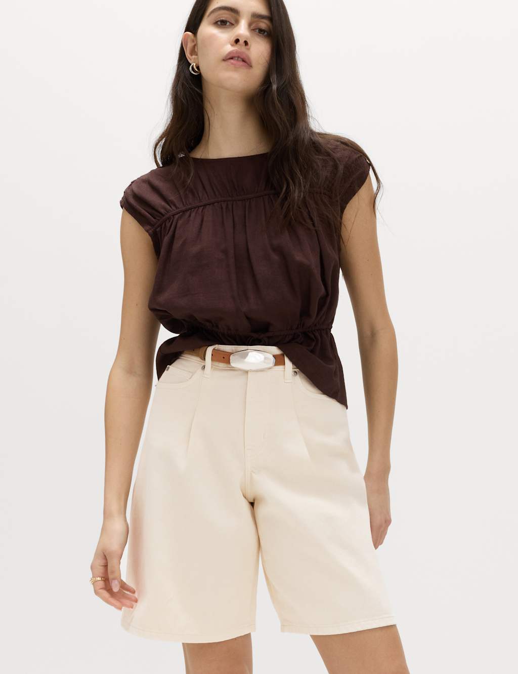 M&S Denim Pleat Front Wide Shorts Ecru
