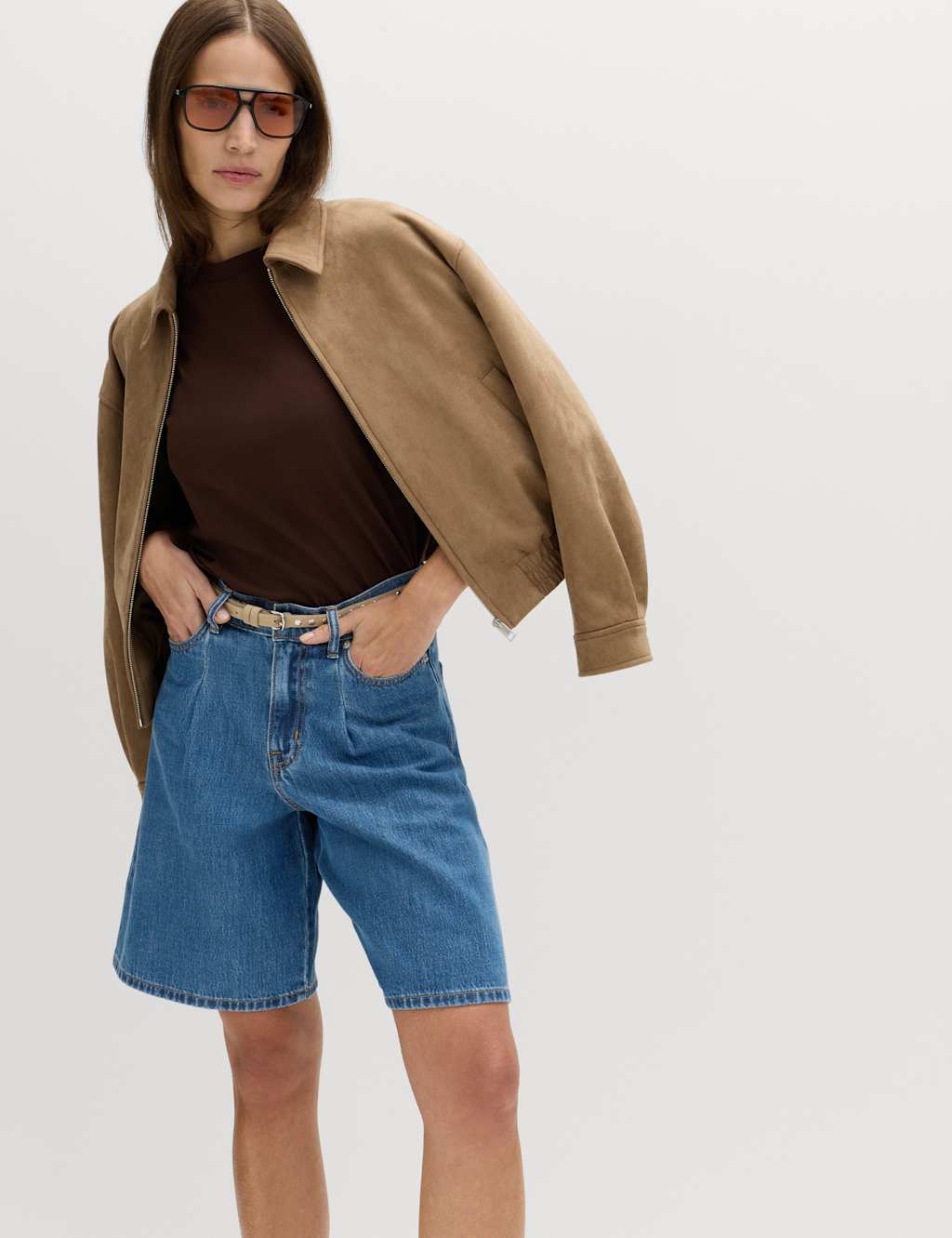 M&S Denim Pleat Front Wide Shorts Medium Indigo