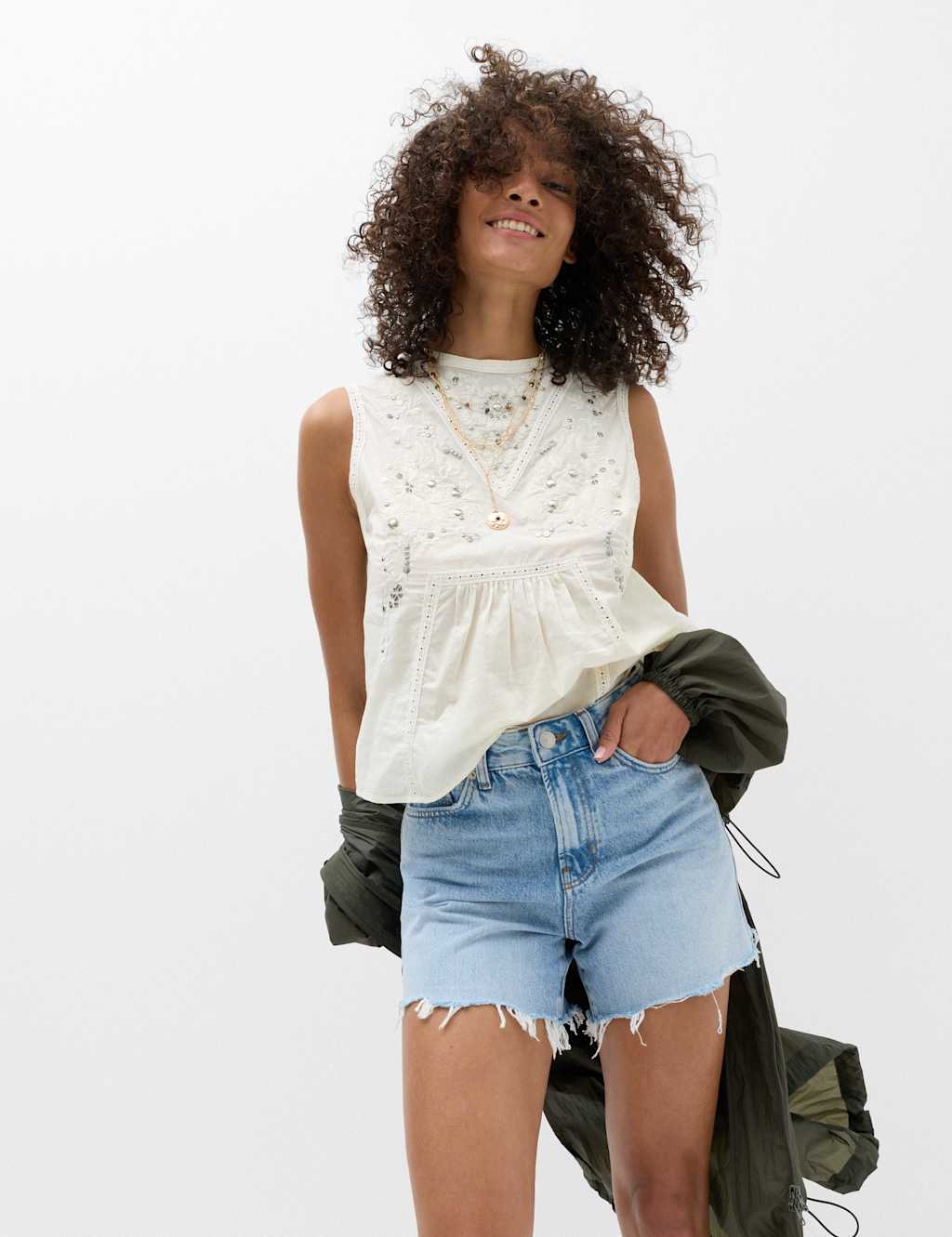 M&S High Waisted Raw Hem Denim Shorts Light Indigo