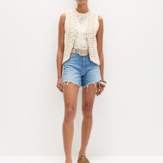 M&S High Waisted Raw Hem Denim Shorts Medium Indigo