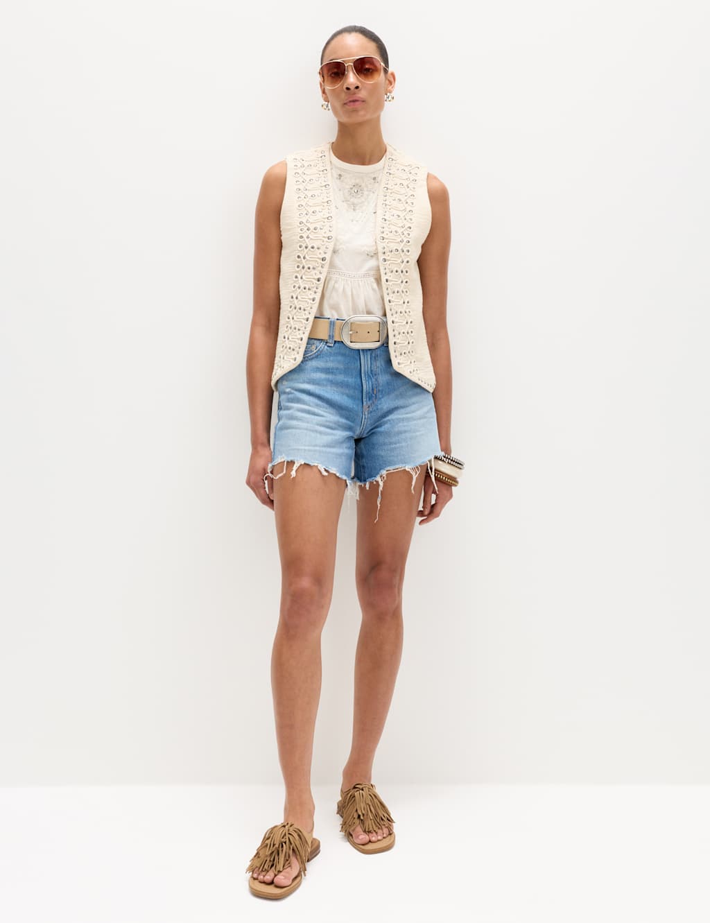 M&S High Waisted Raw Hem Denim Shorts Medium Indigo