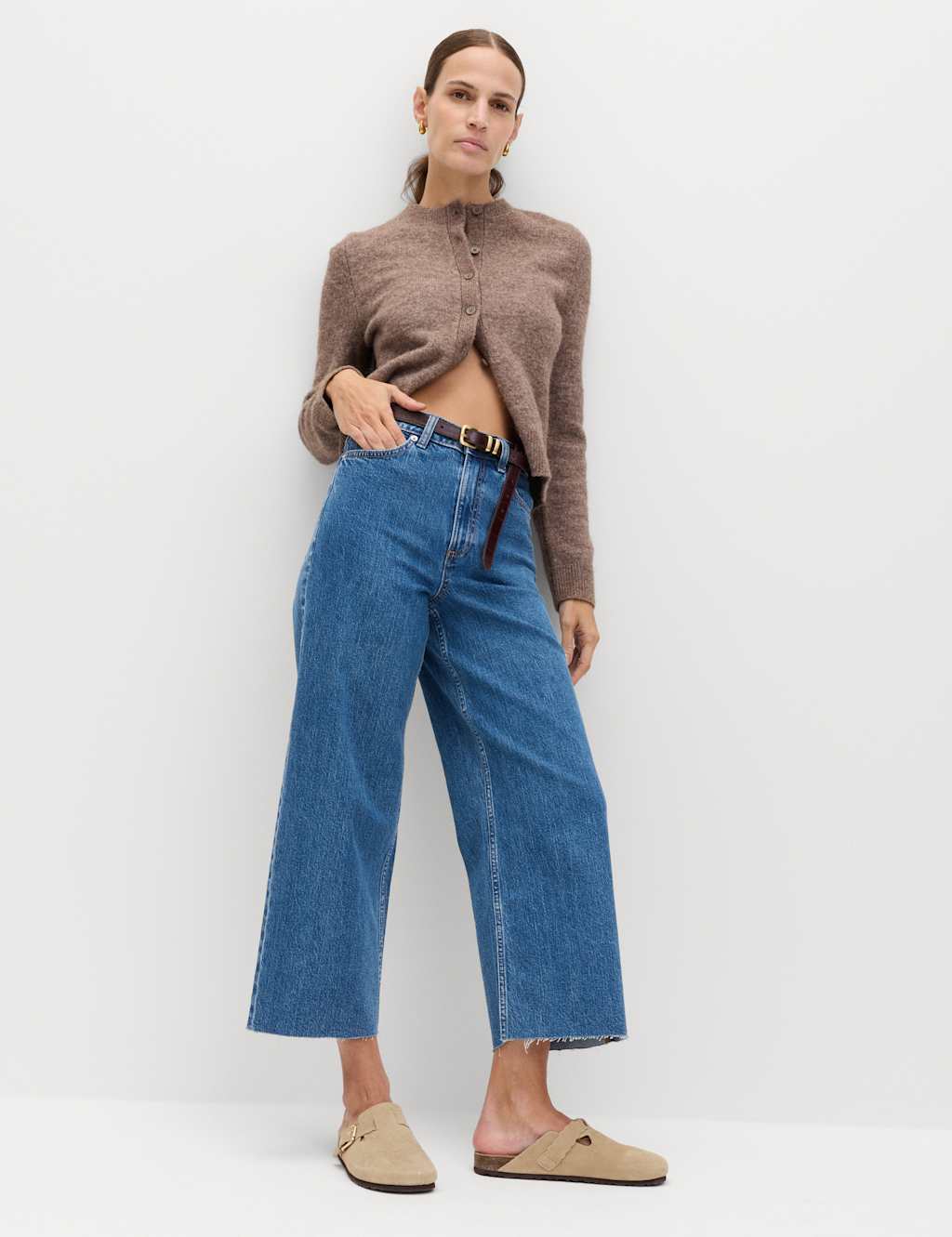 M&S High Waisted Wide Leg Cropped Jeans Medium Indigo
