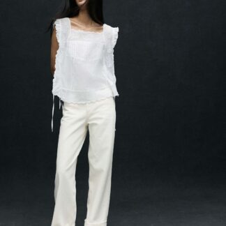 M&S High Waisted Wide Leg Turn Up Jeans Ecru