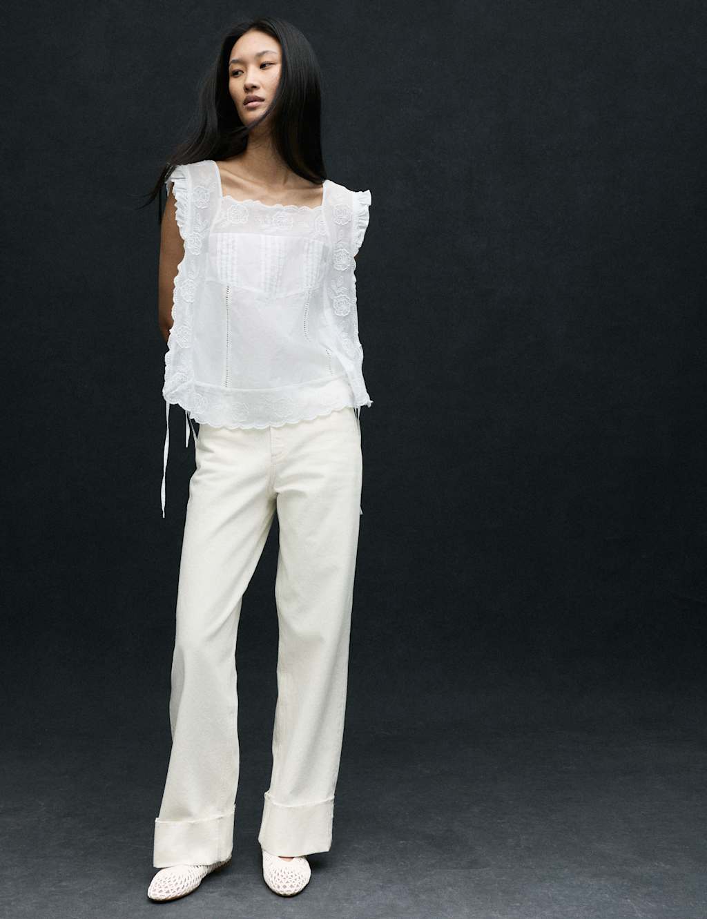 M&S High Waisted Wide Leg Turn Up Jeans Ecru