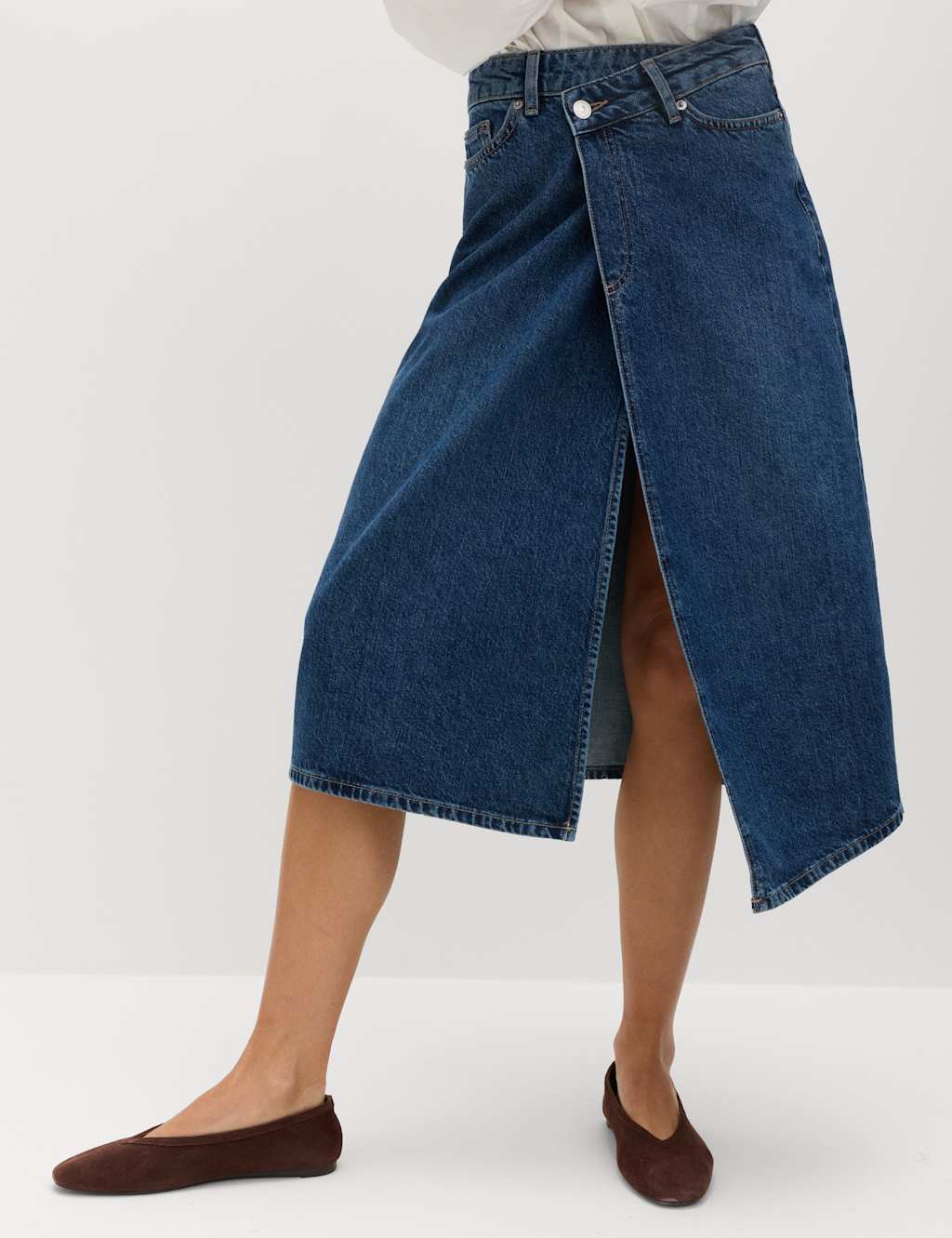 M&S Pure Cotton Denim Asymmetric Midi Wrap Skirt Medium Indigo