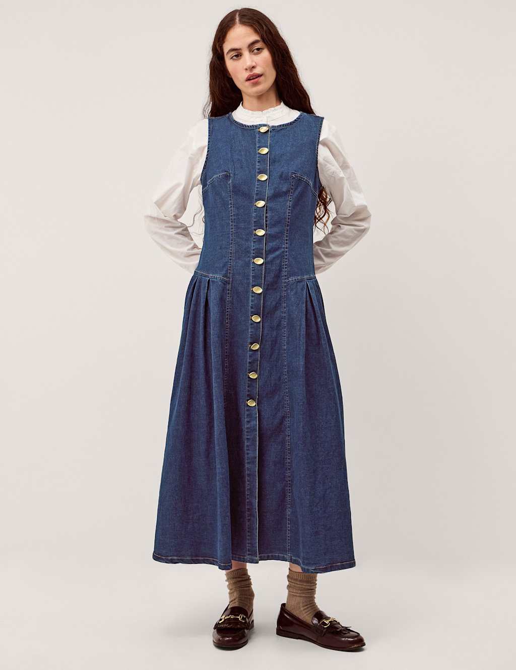 Monsoon Denim Button Through Midi Skater Dress Indigo