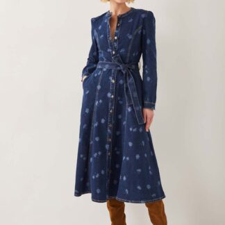 Monsoon Lulu Daisy Cotton Rich Midi Shirt Dress Dark Blue Denim