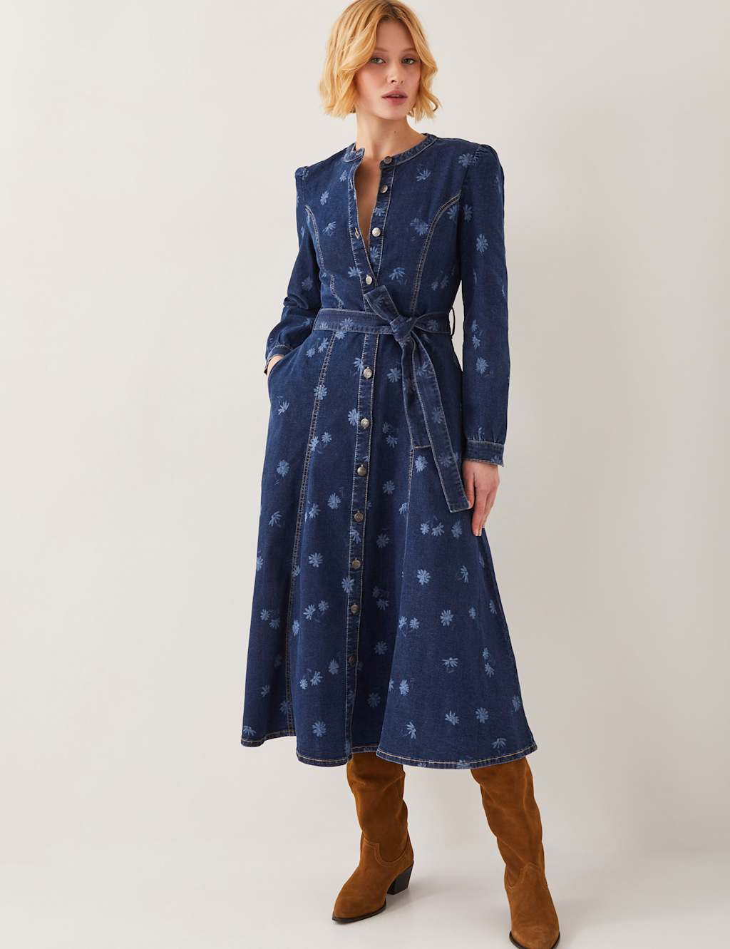 Monsoon Lulu Daisy Cotton Rich Midi Shirt Dress Dark Blue Denim