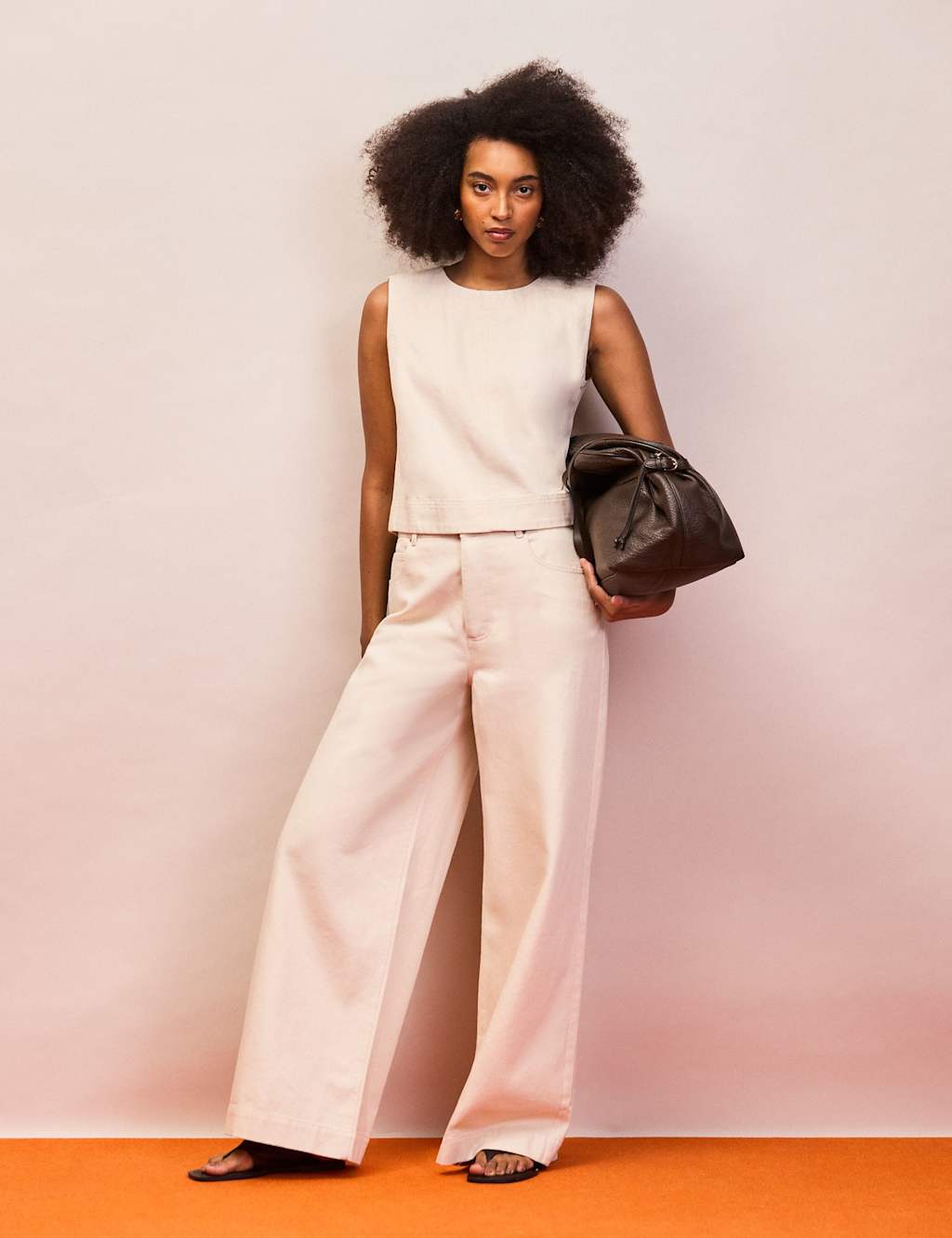 RO&ZO Pure Cotton Twill Wide Leg Jeans Ecru