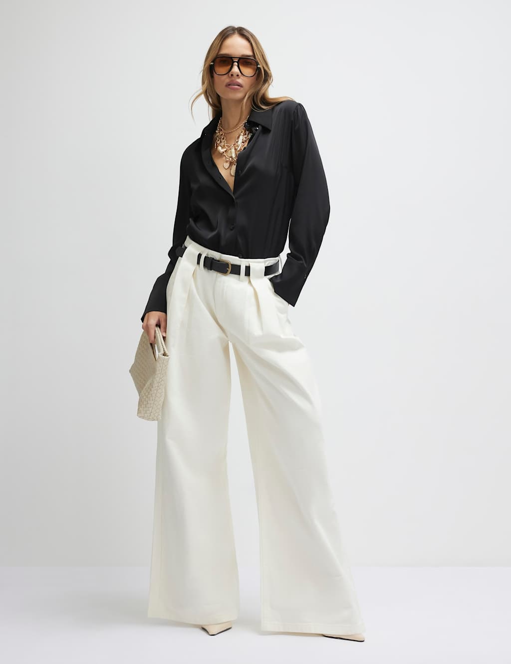 River Island High Waisted Belted Pleated Wide Leg Jeans Cream
