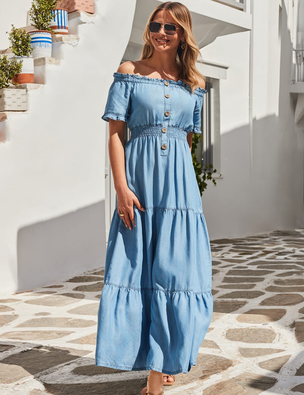 SOSANDAR Pure Lyocell Bardot Midaxi Shirred Dress Blue Denim