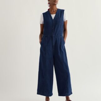 Seasalt Cornwall Pure Cotton V-Neck Cropped Wide Leg Jumpsuit Denim