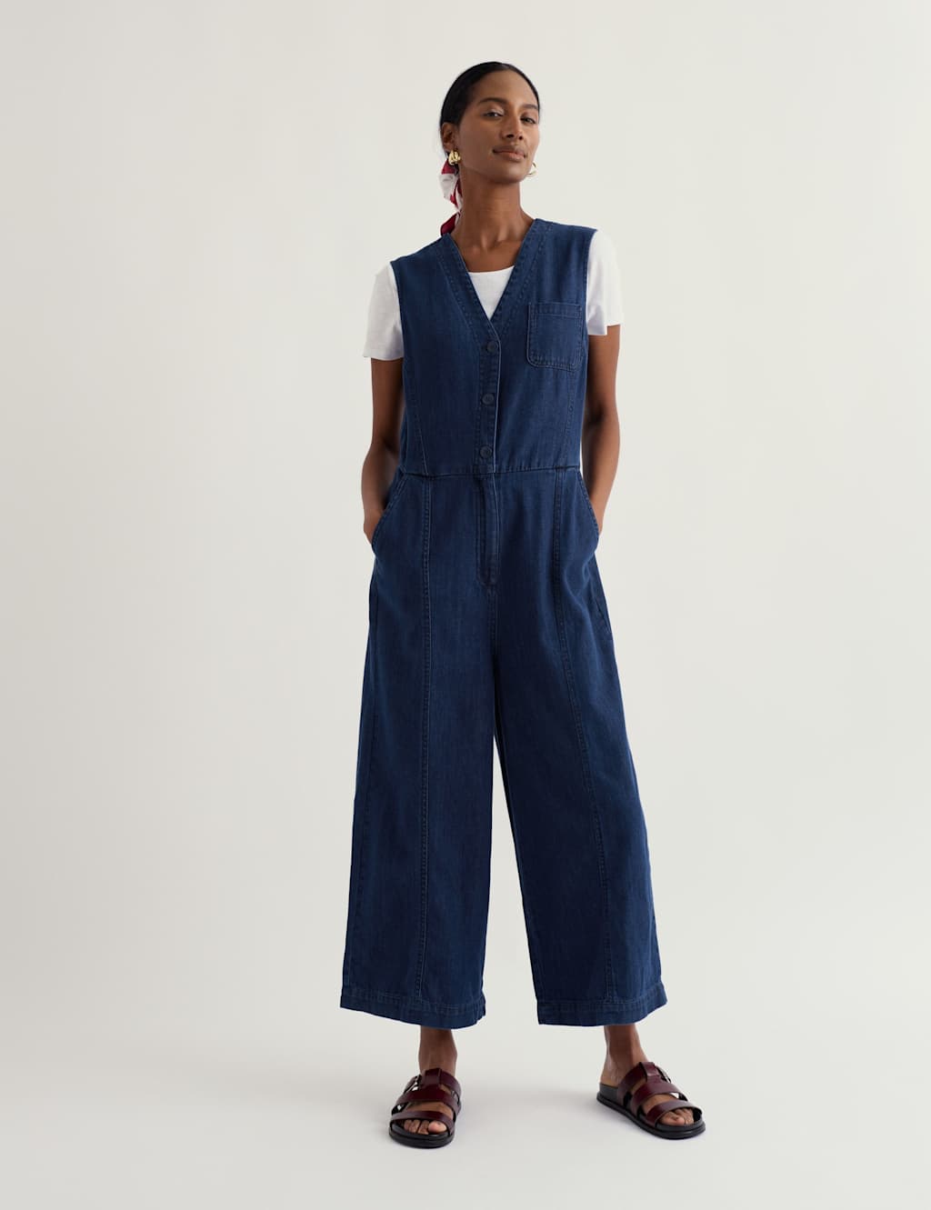 Seasalt Cornwall Pure Cotton V-Neck Cropped Wide Leg Jumpsuit Denim